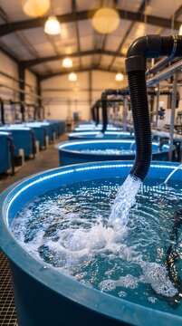 Modern indoor aquaculture fish farm with rows of blue circular tanks. Water splashing from a pipe in a sustainable seafood production facility.