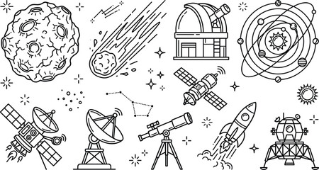 Space astronomy elements asteroid observatory rocket telescope outline vector icon set © Ma