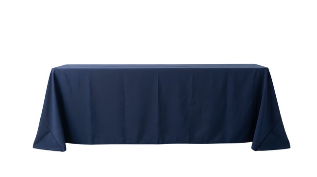 A front view of a long rectangular presentation table completely draped in a smooth dark blue fabric tablecloth, featuring neatly folded corners and soft vertical creases, isolated on a clean white