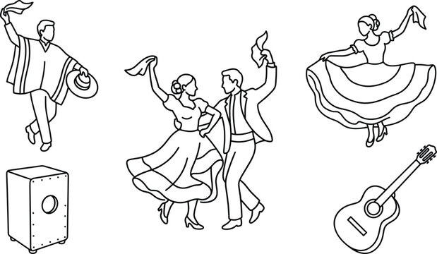 Traditional cueca dancers peruvian marinera and folklore musical elements vector set