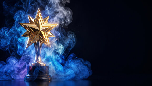 Golden Star Trophy Award with Blue Smoke Background Success Concept