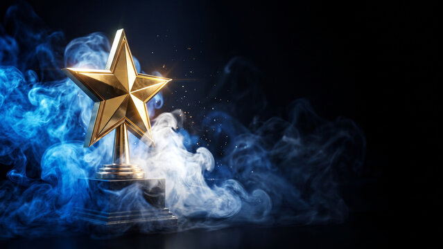Golden Star Trophy Award with Blue Smoke Background Success Concept