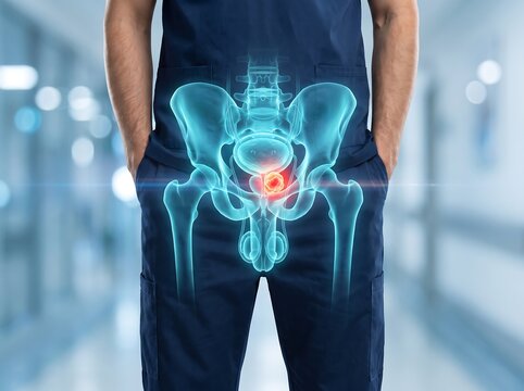 3D hologram of the male reproductive system showing prostate pain on a man in a blurred clinic. Urology, prostate health, and men's medical diagnosis concept.