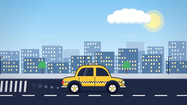 Yellow taxi driving through city street in flat vector animation style