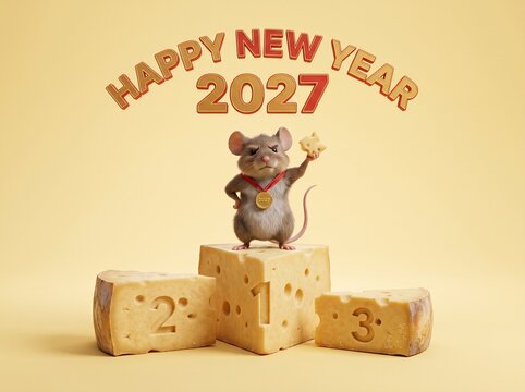 A small brown mouse stands on the top step of a cheese podium wearing a medal and holding a cheese piece, celebrating the upcoming year 2027 beneath golden text against a neutral beige background