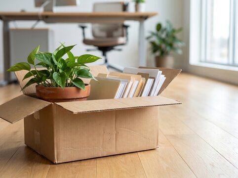 Cardboard Box With Potted Plant and Office Documents and Folders on Floor of Bright Empty Office, Job Loss, Resignation, Layoff, New Job Start and Office Relocation Business Concept