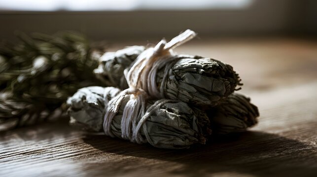 Bundles of dried sage tied with string rest on a wooden surface under soft natural light from a window