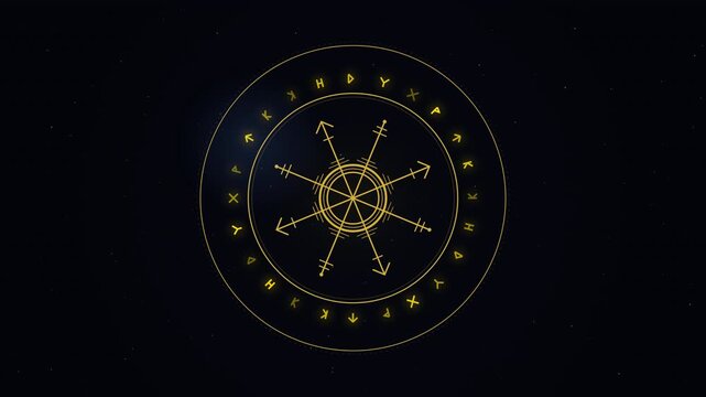 Glowing Golden Vegvisir Runic Compass Symbol Floating in Dark Starry Space for Mystic Norse Viking Background Graphics