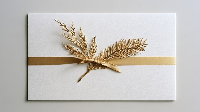 Elegant gold leaf and ribbon decoration on a white card, showcasing a luxurious and sophisticated design for invitations or wedding stationery.