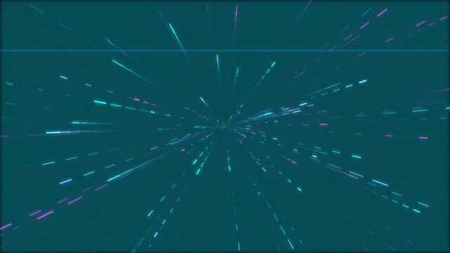 Abstract hyperspace warp tunnel with neon blue and purple light streaks motion background, de