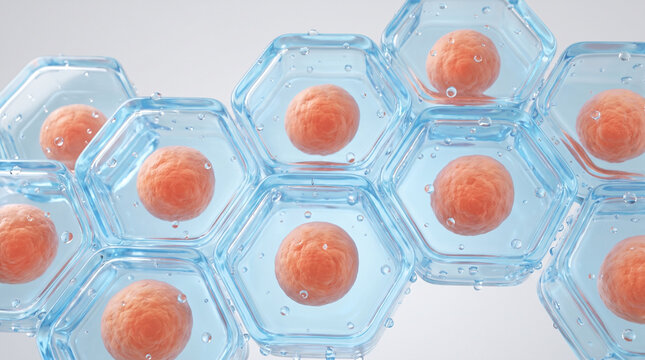 Microscopic view of orange cell nuclei inside blue hexagonal glass structures