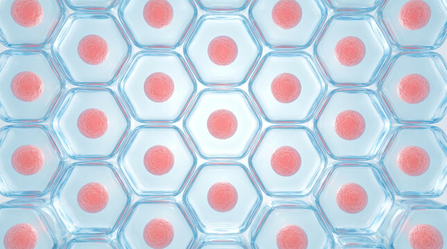 Microscopic view of pink human cell nuclei inside blue hexagonal structures
