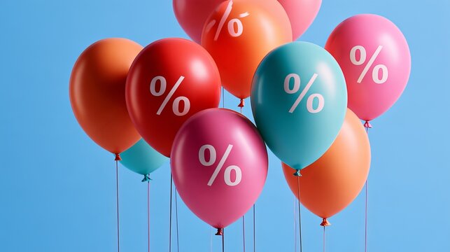 Colorful balloons with percentage signs floating against a bright blue background, representing sales, discounts, and promotional offers for business.
