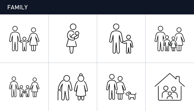 Family line icons set with parents, children, baby and seniors for lifestyle