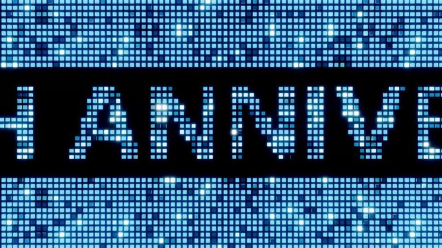 100TH ANNIVERSARY blue digital LED screen display banner with glowing pixel light mosaic pattern for corporate celebration event background