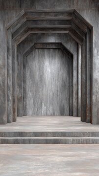 An empty dark concrete hallway featuring octagonal archways leading to a brightly lit back wall with steps in the foreground.Architecture and interior design blogs, sci-fi and gaming blogs