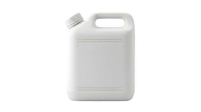 3D render of a solid white plastic jerrycan container featuring an integrated top handle, a threaded screw cap on an angled spout, and a rectangular front label panel presented on a plain background