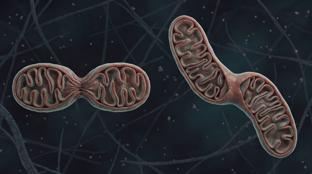 Scientific 3D illustration of mitochondrial fission and fusion. Useful for cell biology education, organelle dynamics research, and biomedical presentations.