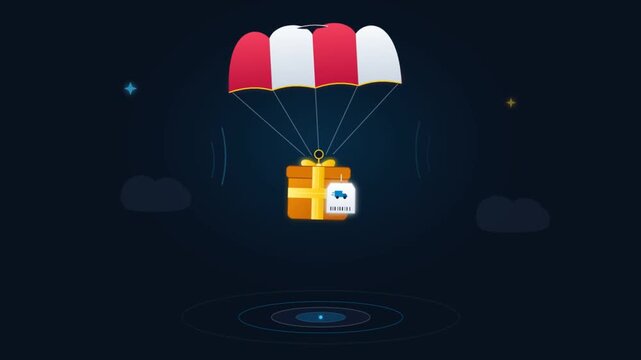 Animated parcel gift box descending with red white parachute at night