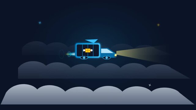 Blue animated vehicle flying through starry night sky over clouds