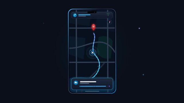 Digital smartphone screen showing GPS navigation map with a glowing route
