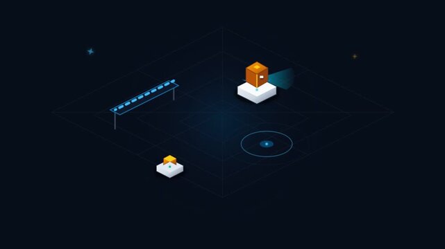 Isometric 3D digital data transfer animation with glowing geometric shapes