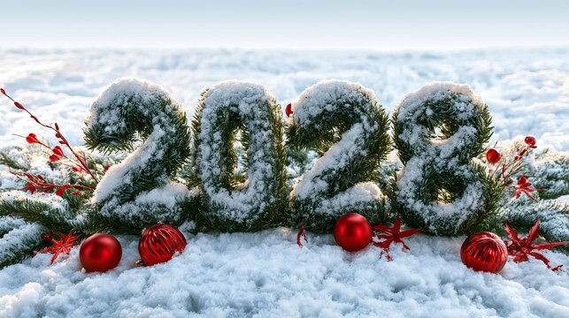 The number 2028 formed with snowy evergreen branches sits on a snowy surface with red Christmas ornaments and berries, symbolizing a festive New Year's celebration.