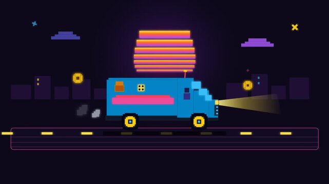 Pixel art blue truck driving on a neon road at night with retro sunset