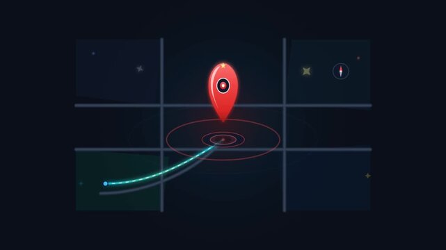 Red map pin navigation marker animation with glowing path trajectory