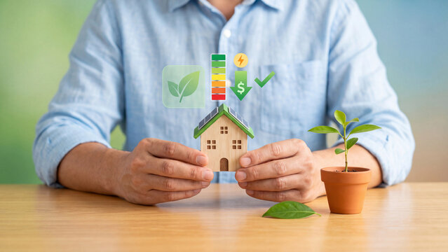 Energy efficiency and eco home concept, man holding wooden house with solar panel roof, green plant and rating label icons for renewable power, electricity bill saving and sustainable living