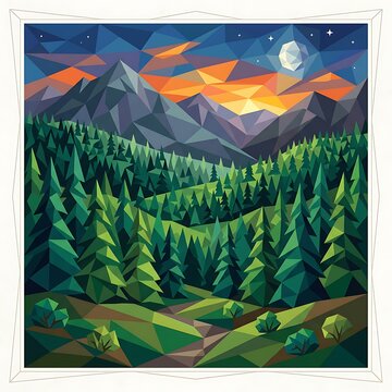 Low poly geometric mountain landscape with pine forest at sunset and moon