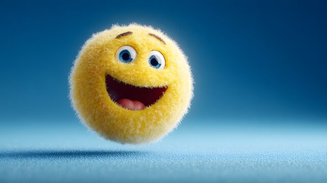 Cute adorable 3d rendered fluffy furry yellow laughing emoji character floating against smooth blue background for funny social media meme template or playful children digital application icon.