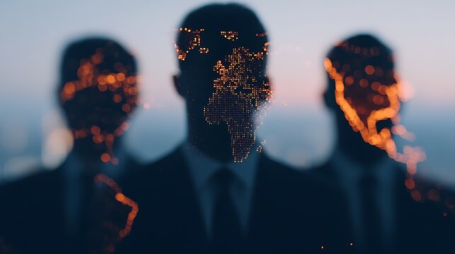 Three silhouetted figures with digital orange dots forming a world map overlay on their faces against a blurred background.