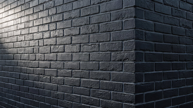 exterior corner angle of dark charcoal black brick wall building showing rough textured masonry blocks illuminated by natural side sunlight beam