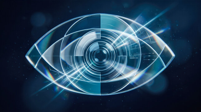 Glowing glass bionic eye featuring camera lens iris with holographic HUD data display interface floating in dark cyberspace representing cybernetic computer vision