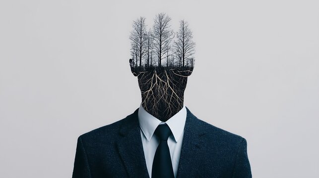 A surreal image of a man in a suit with a head filled with leafless trees and visible roots, blending nature and human form.