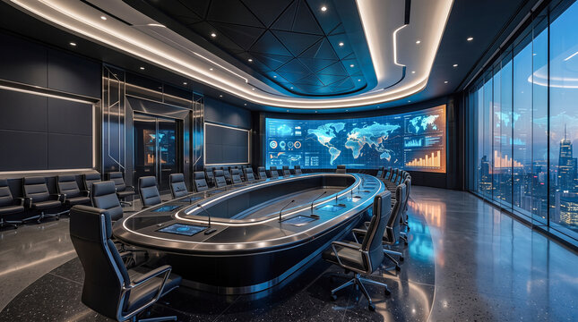 Empty dark corporate boardroom featuring large oval table surrounded by black leather chairs facing massive digital world map screen beside city view window