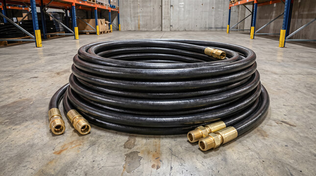 Thick coiled black rubber industrial hose featuring heavy solid brass threaded fittings resting upon stained concrete floor inside large commercial storage warehouse