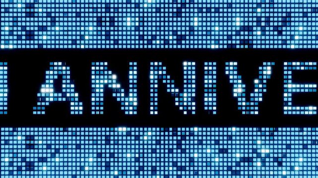 12TH ANNIVERSARY blue digital LED screen display banner with glowing pixel light mosaic pattern for corporate celebration event background