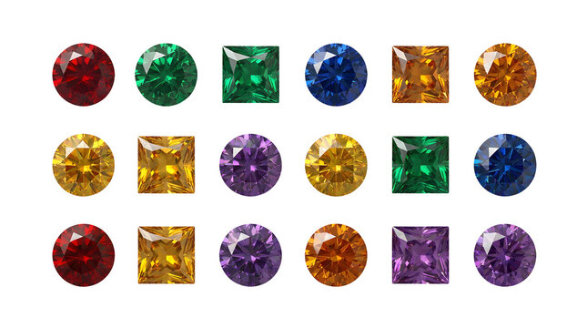 An organized collection of eighteen multicolored faceted gemstones featuring brilliant round cuts and sharp square princess cuts in vibrant red, green, blue, yellow, orange, and purple hues