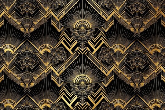 Art deco geometric pattern in gold on black, fans and sunbursts