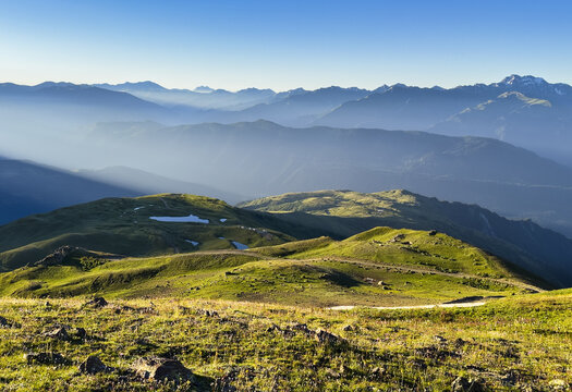 Scenic summer landscape of Koruldi mountain lake at sunrise, Caucasus Mountains, Georgia, Svaneti