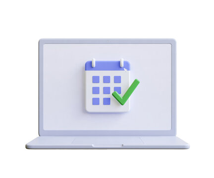 3d laptop computer with a calendar icon and green checkmark isolated on transparent background