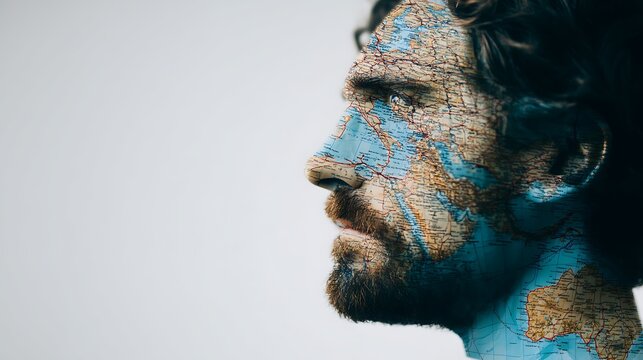 A side profile of a man's face overlaid with a detailed world map, symbolizing global connection and identity.