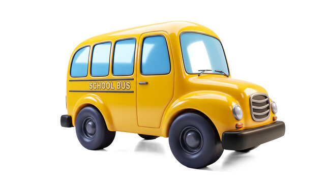 cute yellow cartoon school bus vehicle rendered in three dimensions isolated on white background with blue windows black wheels bumper