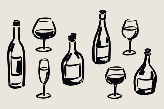 Wine Bottles and Glasses Hand Drawn Ink Brush Sketch Set