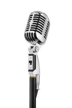 Vintage style microphone standing with chrome details isolated. Transparent PNG image.