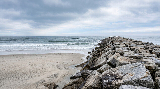 Rugged Stone Breakwater Along Sandy Beach with Ocean Waves Under Cloudy Sky