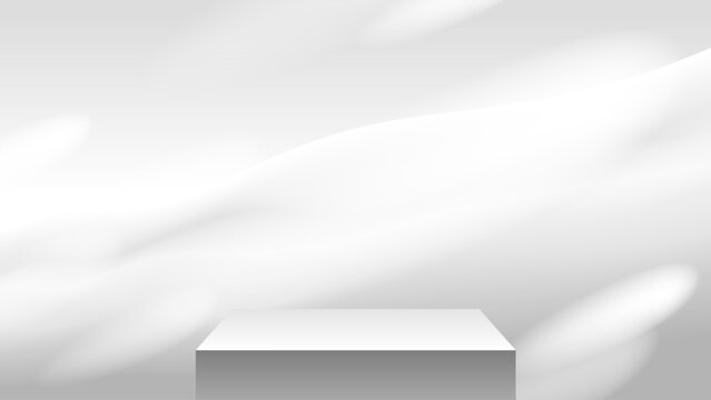 White rectangular display podium vector background beneath sweeping light and shadow, providing a stylish stage for product launches, cosmetics, fashion, and editorial visuals.