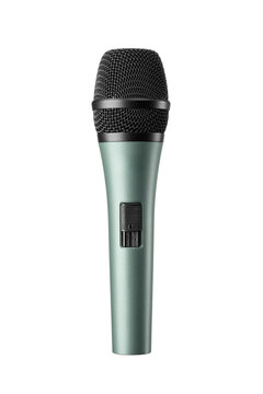 Handheld dynamic microphone with a green body and on/off switch isolated. Transparent PNG image.